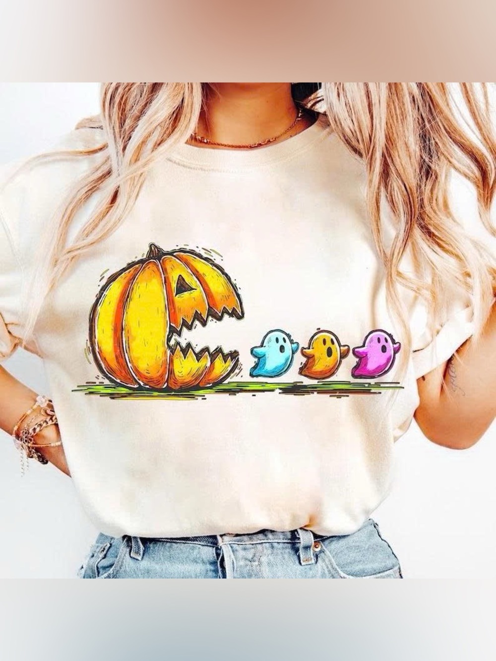 Cream Halloween Pumpkin & Ghosts Pet Bird Tee